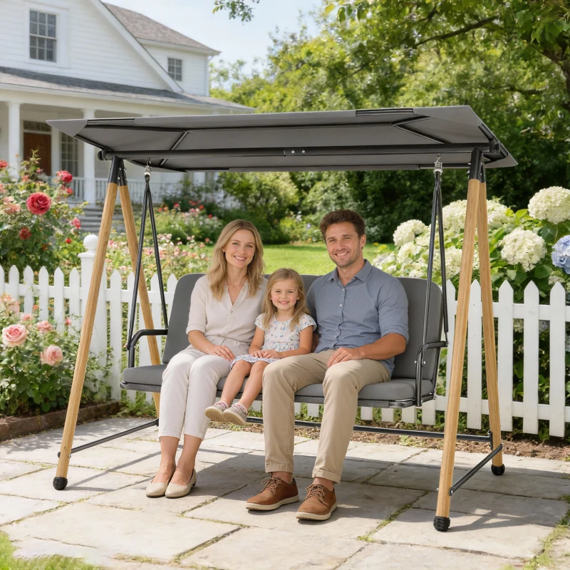 Outsunny Dondolo 3 Posti con Tettoia Regolabile e Cuscino, in Acciaio, Texteline e Poliestere, 208x125x180 cm, Grigio