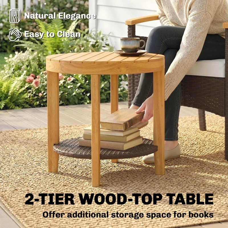 Outsunny Rattan Bistroset 3-delig FSC tuinmeubelset met 2 stoelen, 2-niveau houten tafel, dikke wasbare kussens