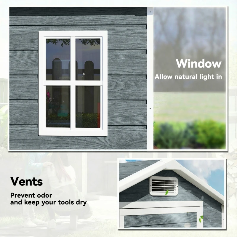Outsunny Domek ogrodowy 1,1 m² z wyglądem drewna, okno, dwuspadowy dach, wentylacja, podłoga, zamek, rękawice, szary