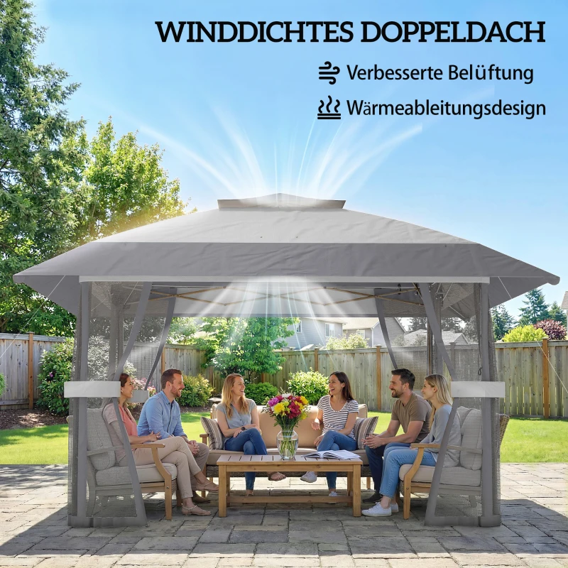 Outsunny Pavillon 4x4m Wasserdicht Höhenverstellbar Pop-up Faltpavillon mit Doppeldach 4 Netzseiten, UV 30+Hellgrau
