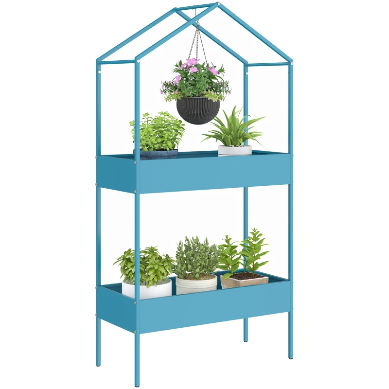 Outsunny Étagère à Plantes 2 Niveaux, Support de Plantes en Métal avec Crochet, Porte-Pots en Forme de Maison, Bleu-Vert