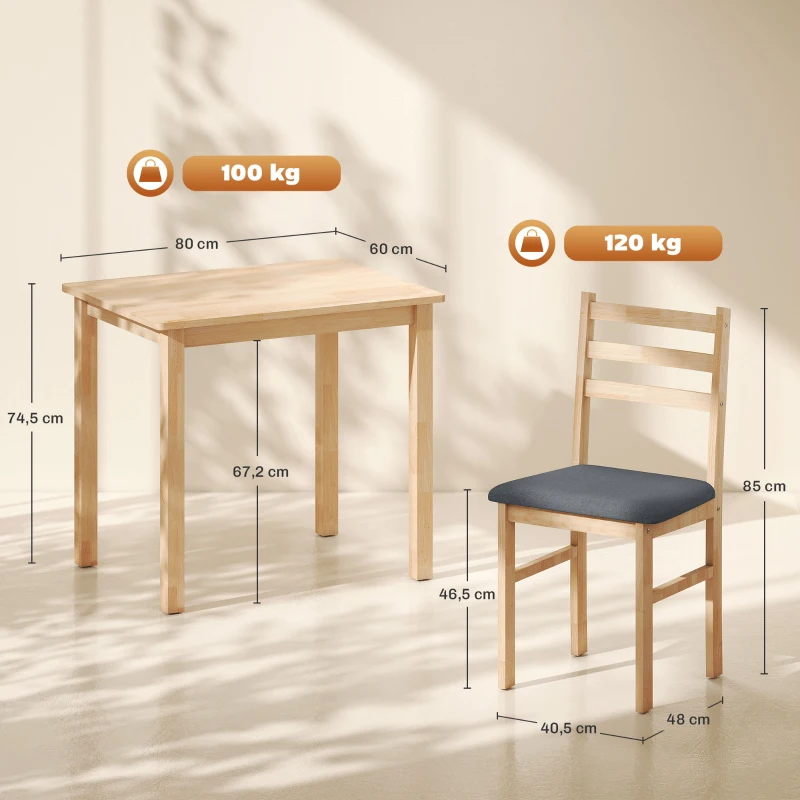 HOMCOM 3-teiliges Esstisch-Set mit 2 Stühlen, Küchentisch für kompakte Räume, gepolsterte Stühle, platzsparend, MDF, Naturholz(m-3)