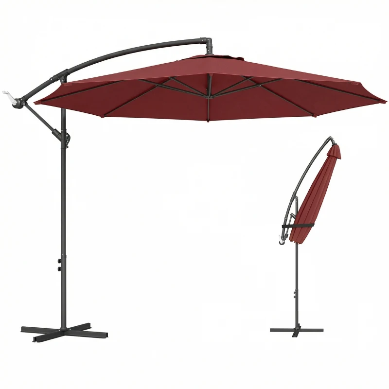 Outsunny 3 m Overhanging Cantilever Parasol, with Cross Base - Wine Red