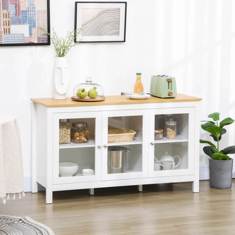 HOMCOM Buffet meuble de rangement avec 3 portes vitrées 2 étagères réglables plateau aspect bois clair 120 x 40 x 70 cm blanc