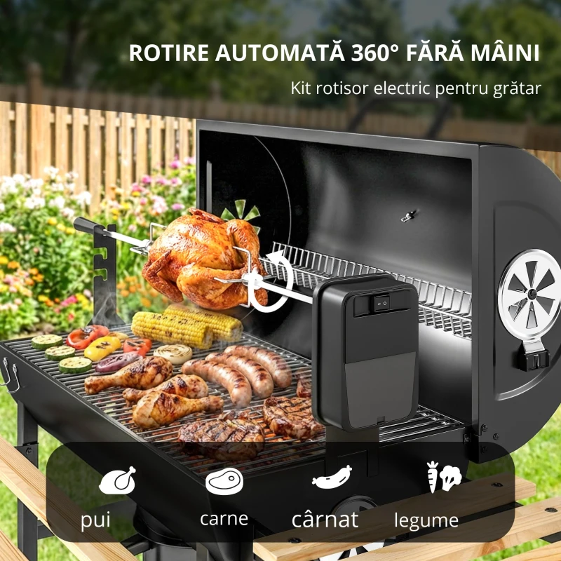 Outsunny Grătar pe cărbuni cu căruț de gătit, etajere pliabile, termometru, roți, rotisor electric, negru