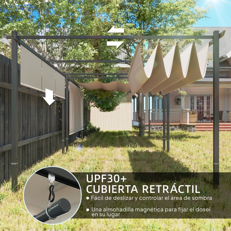Outsunny Pérgola de Jardín 4x3 m con Techo Retráctil 3 Laterales Enrollables UPF30+ Cenador de Jardín para Patio Exterior Beige