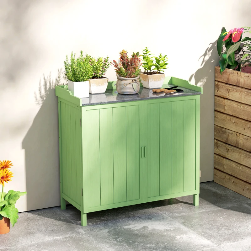 Outsunny Wood Garden Storage Cabinet, Outdoor Tool Shed, Potting Bench Table with galvanised Top and Two Shelves for garden Tools or Pool Accessories, Green
