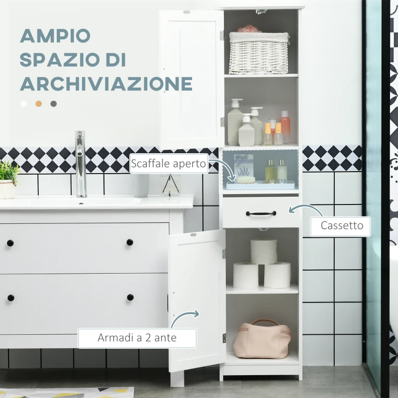 kleankin Mobile Colonna Bagno in Legno con Mensola Aperta, Cassetto e 2 Armadietti, 40x30x164 cm, Bianco