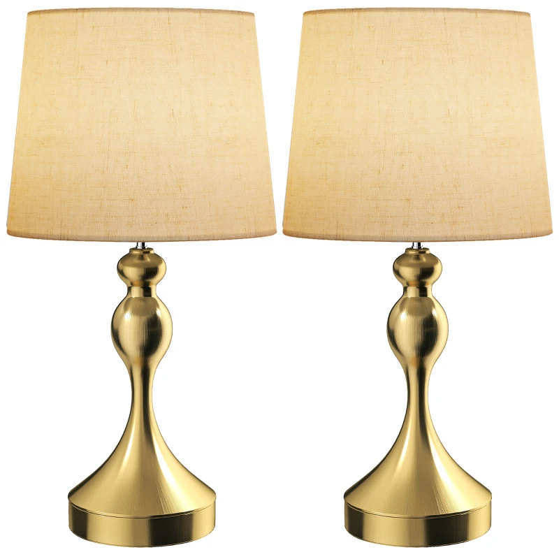 HOMCOM Dimmable Bedside Lamps Set of 2, Modern Table Lamps with 3 Colour Temperatures, USB A+C Charging Ports and Linen Shade for Living Room Bedroom Office, Gold Tone