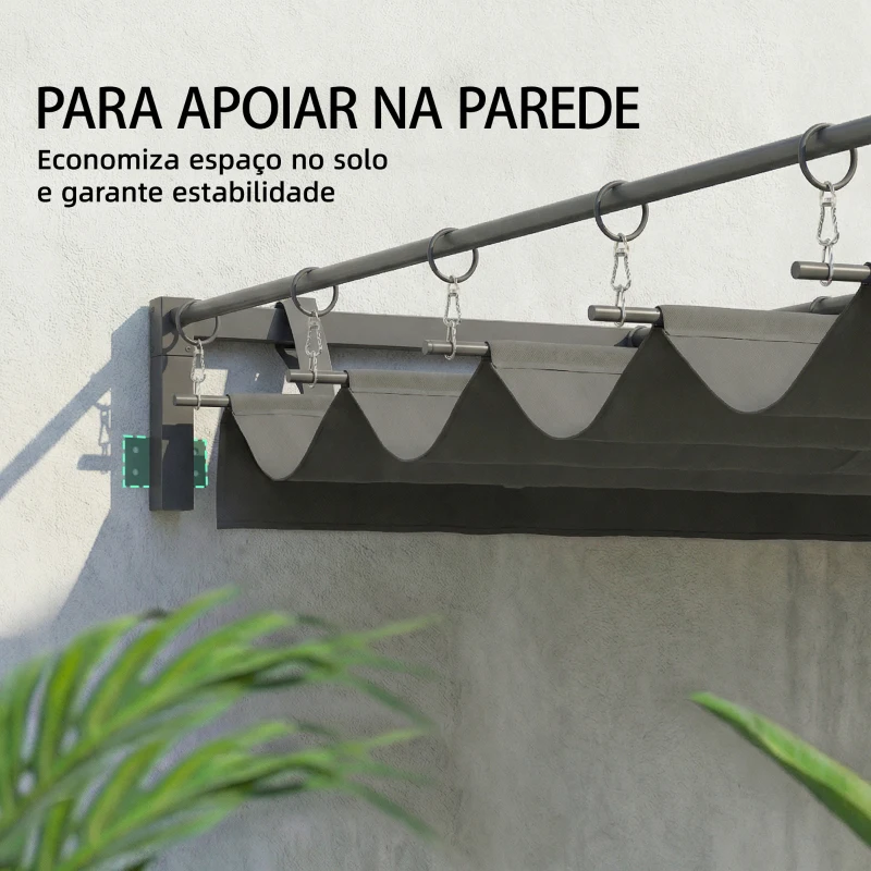 Outsunny Pérgola de Parede para Jardim 3x3 m com Teto Retrátil Proteção UPF30+ Drenagem Pérgola de Jardim para Exterior Cinzento