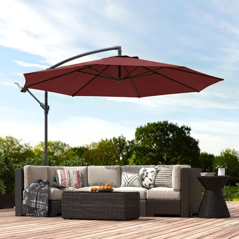 Outsunny 3 m Overhanging Cantilever Parasol, with Cross Base - Wine Red
