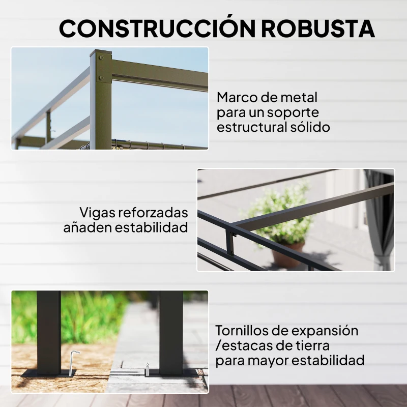 Outsunny Pérgola de Jardín 3x3 m con Techo Retráctil y Cortinas Protección UV30+ Estructura Metálica para Patio Terraza Gris