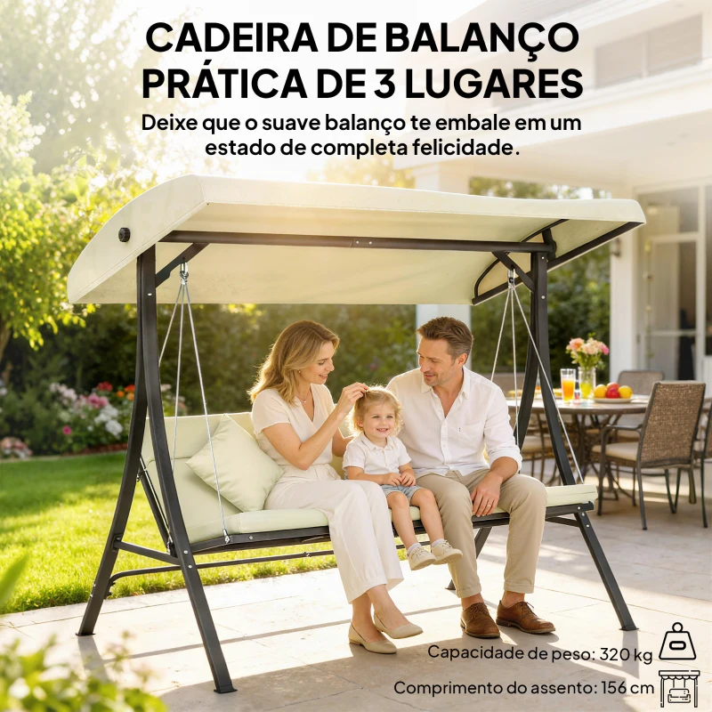 Outsunny Baloiço de Jardim Exterior de 3 Lugares com Toldo Ajustável e Estrutura de Aço 202x115x168 cm Bege