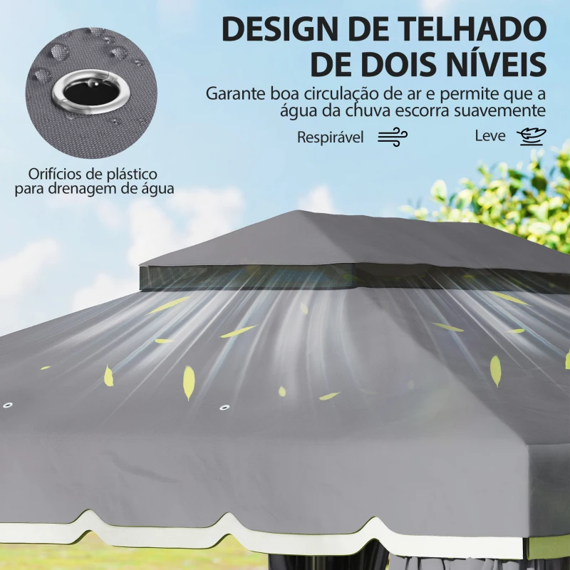 Outsunny Pérgola de Jardim 390x290x270 cm com 4 Cortinas Laterais 4 Telas Mosquiteiras e 8 Orifícios de Drenagem Cinza