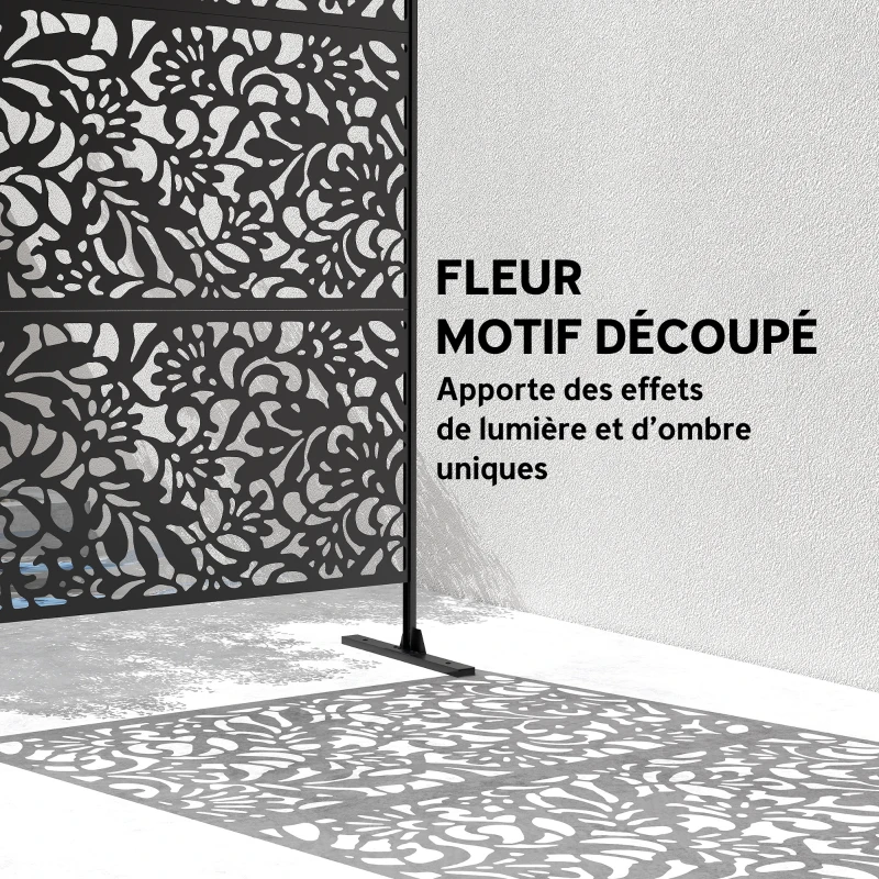 Outsunny Panneau Brise Vue décoratif Extérieur Claustra Décoratif Jardin 3 Panneaux à motif floral Acier 122 x 45 x 198 cm Noir