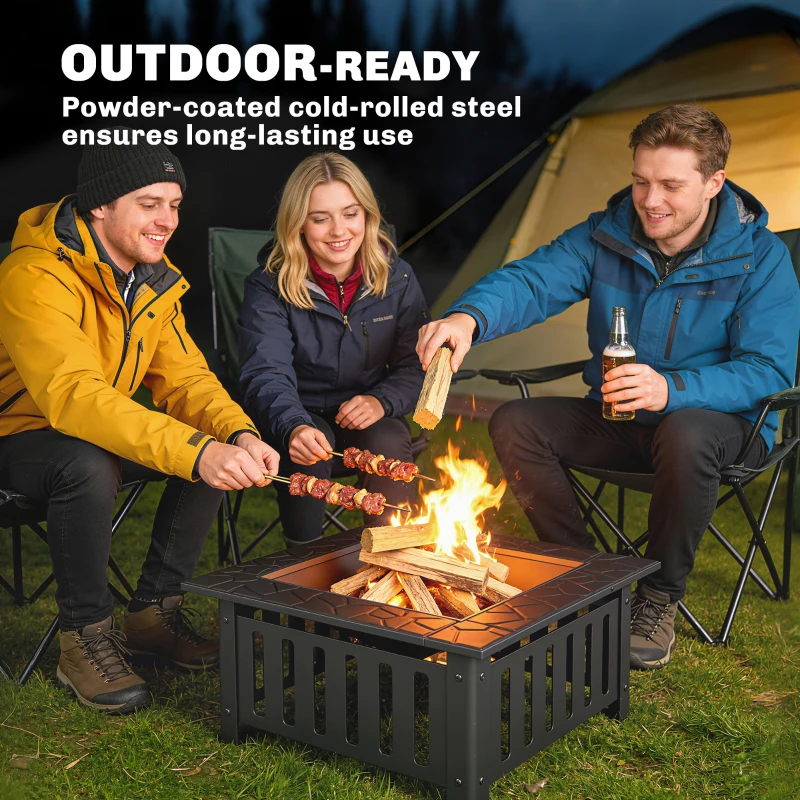 Outsunny Palenisko ze stali z osłoną przeciwiskrową i pogrzebaczem do grilla, kempingu, 67x67x47 cm, czarne