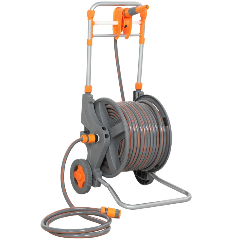 Outsunny Hose Reel Cart with Wheels, 45+2m Garden Hose Reel with 2 Patterns Nozzle, Faucet Adaptors and Rewind Handle, Orange