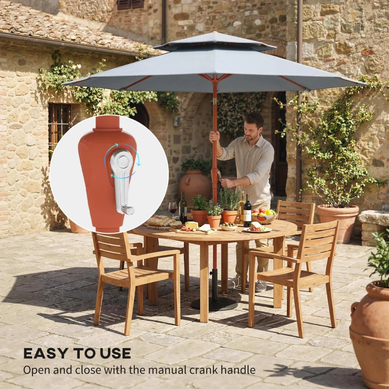 Outsunny 2.7 m Garden Parasol with Double Top Outdoor Market Table Umbrella with Crank System, Light Grey