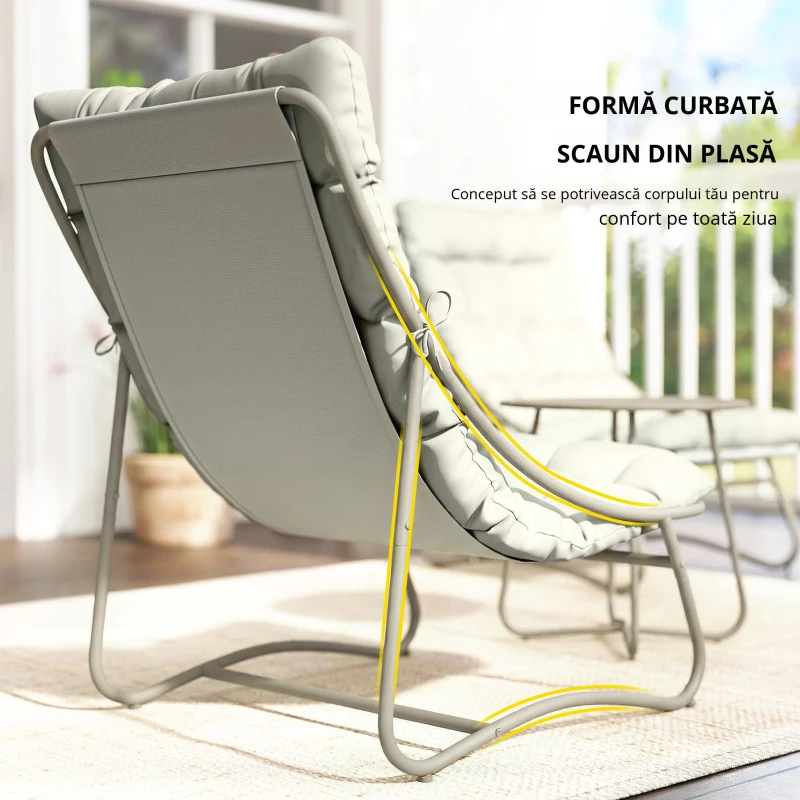 Outsunny Set de grădină 3 piese cu 2 scaune lounge, masă de cafea și perne pentru exterior, patio, balcon, Gri deschis