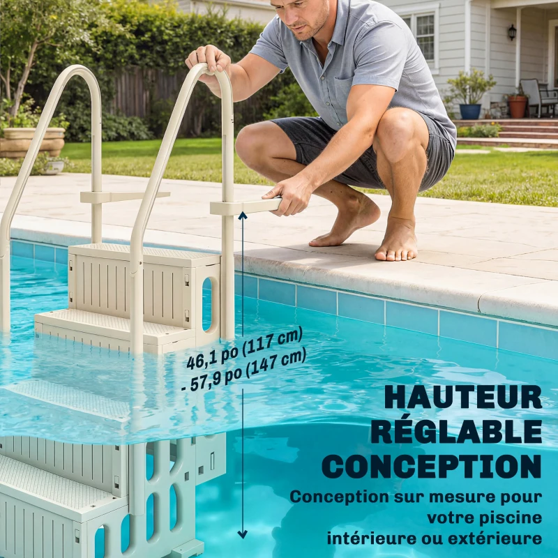 Outsunny Escalier de Piscine en HDPE avec 2 Rampes et 4 Marches pour Piscine Creusée 117-147 cm, 80,8x86x198,5cm, Crème