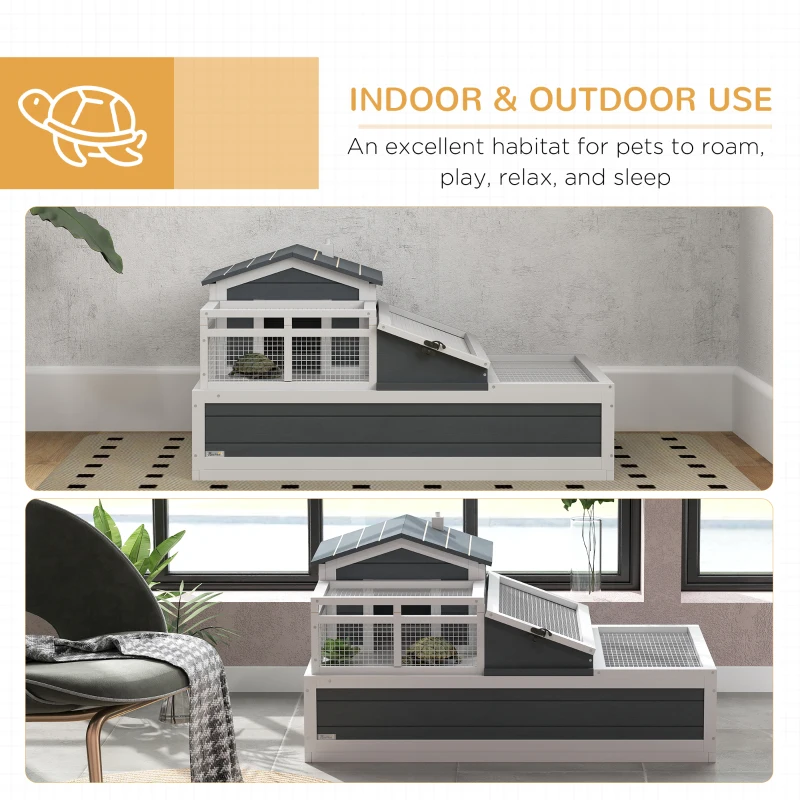 PawHut Domek dla żółwia, 2 poziomy, do użytku wewnętrznego i zewnętrznego, balkon, drewno jodłowe, szary