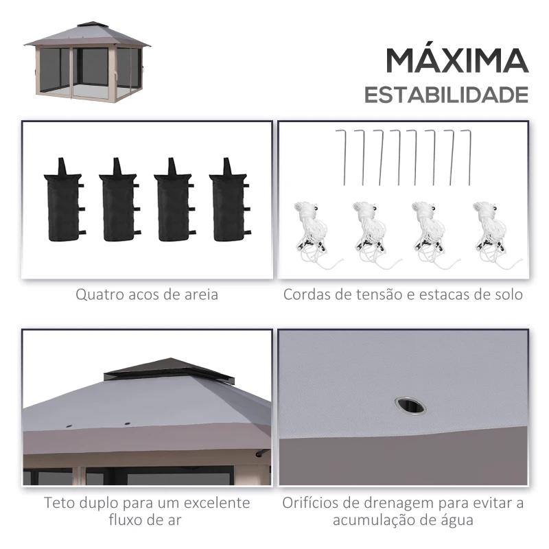 Outsunny Tenda Dobrável Pop-up com Altura Ajustável Proteção UV50+ Telhado Duplo e Redes Mosquiteiras 4x4x2,8 m Cinzento Claro