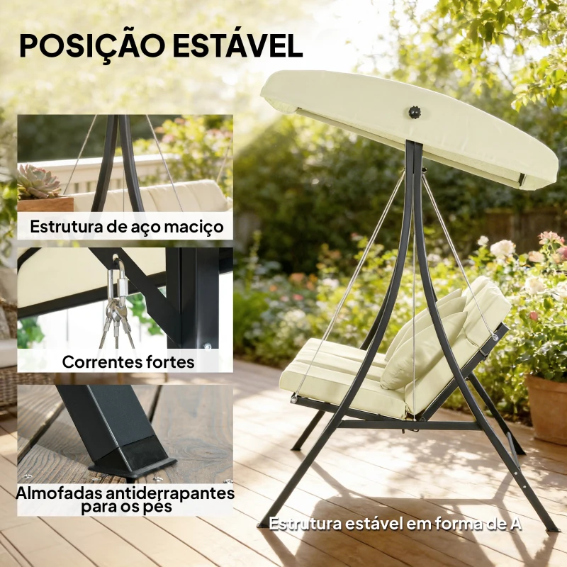 Outsunny Baloiço de Jardim Exterior de 3 Lugares com Toldo Ajustável e Estrutura de Aço 202x115x168 cm Bege