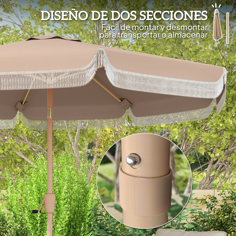 Outsunny Sombrilla de Jardín Ø266x238 cm con Ángulo Ajustable Manivela y Toldo con Flecos Decorativos para Patio Terraza Caqui