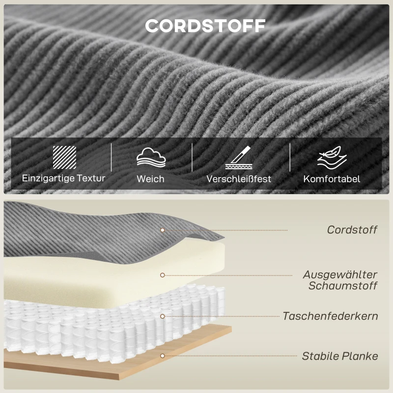HOMCOM 218 cm brede 3-zitsbank, moderne corduroy-bank met pocketveren, brede armleuningen en 2 kussens, lichtgrijs