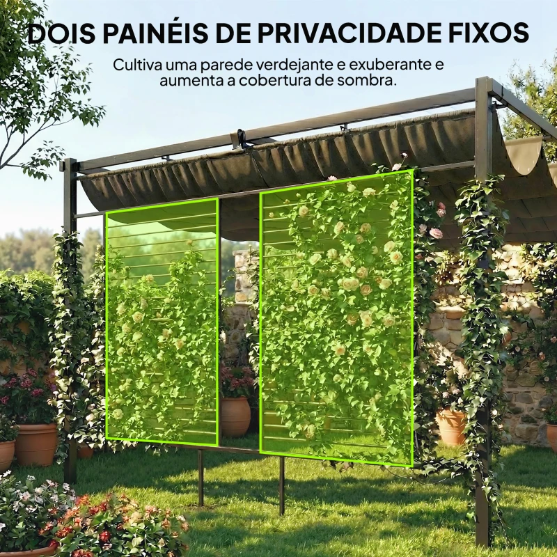 Outsunny Pérgola de Jardim 4x3 m com Teto Retrátil e 2 Painéis de Privacidade UPF50+ Pérgola para Exterior Cinzento