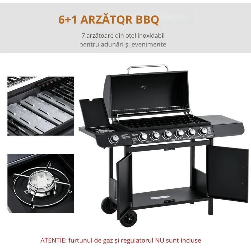 Outsunny Gratar pe Gaz cu Capac, 7 Arzatoare de 20 kW in total si Arzator Lateral, Termometru, Raft si 2 Roti, 135x50x100cm Negru