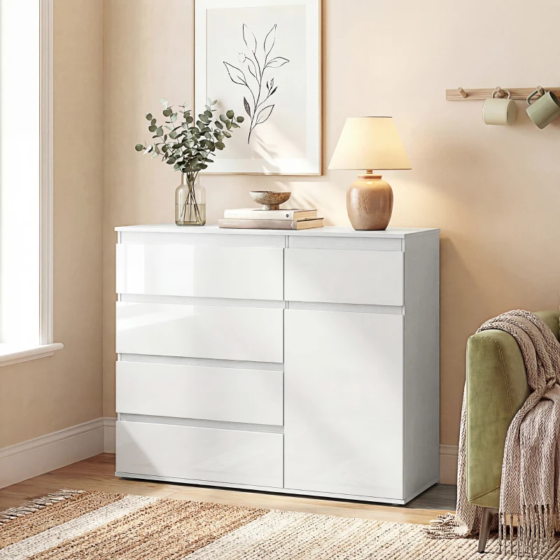 HOMCOM Aparador de Sala com 5 Gavetas Prateleiras Ajustáveis e Porta com Fecho Suave 100x40x80 cm Branco Brilhante