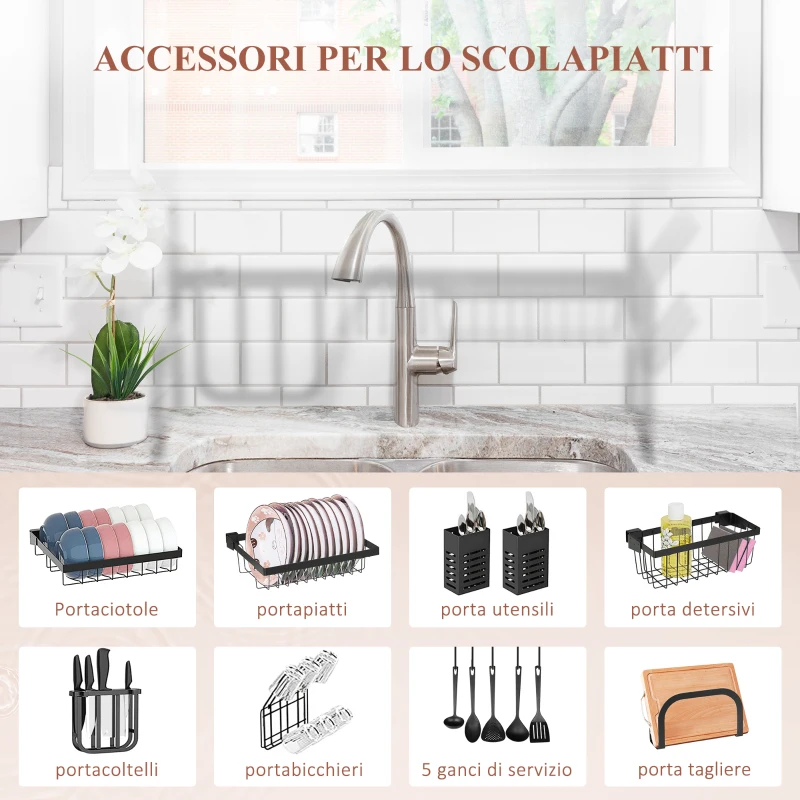 HOMCOM Scolapiatti da Lavello Modulabile a 2 Livelli con Piedini Antiscivolo, in Acciaio, 65x31.5x52.5 cm, Nero