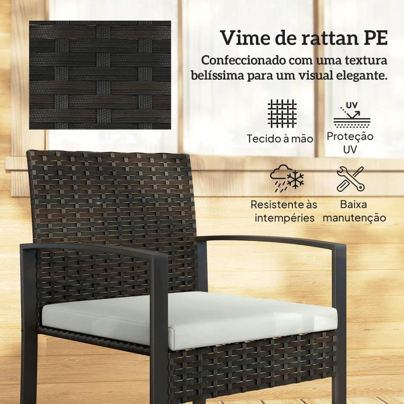Outsunny Conjunto de Móveis de Exterior de 3 Peças em Vime PE com Cadeiras Mesa de Vidro Temperado e Almofadas Marrom e Creme
