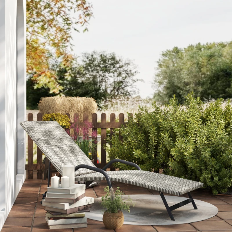 Outsunny Bain de soleil chaise longue en résine tressée inclinable et réglable sur 4 niveaux en forme de S, 156x62x96cm marron