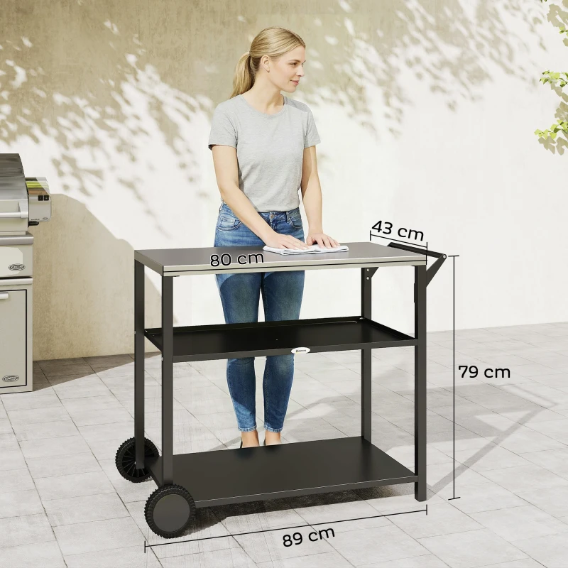 Outsunny Outdoor Grill Cart with Stainless Steel Tabletop for Kitchen Prep, Two-Tier Pizza Oven Stand on Wheels, Black