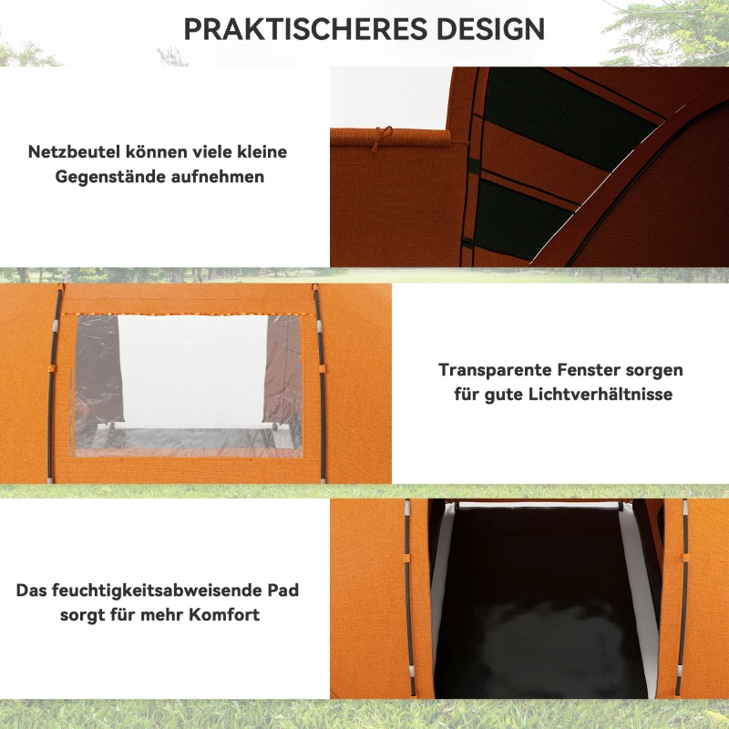 Outsunny Tunneltent voor 4-6 personen, kampeertent met deur, grondzeil, 2000mm waterdicht Oranje