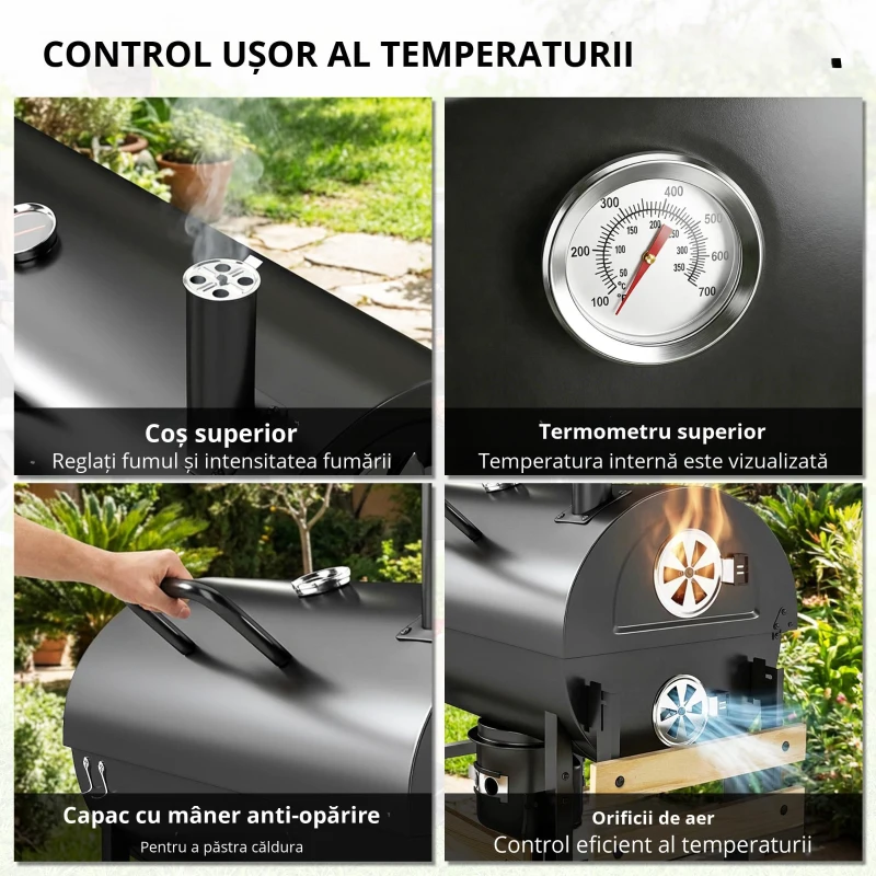 Outsunny Grătar pe cărbuni cu căruț de gătit, etajere pliabile, termometru, roți, rotisor electric, negru