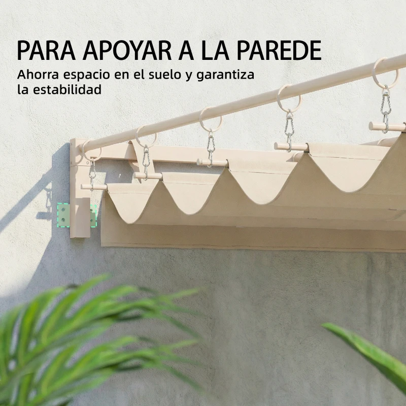 Outsunny Pérgola de Pared de Jardín 3x3 m con Techo Retráctil Protección UPF30+ Drenaje Cenador de Jardín para Exterior Beige