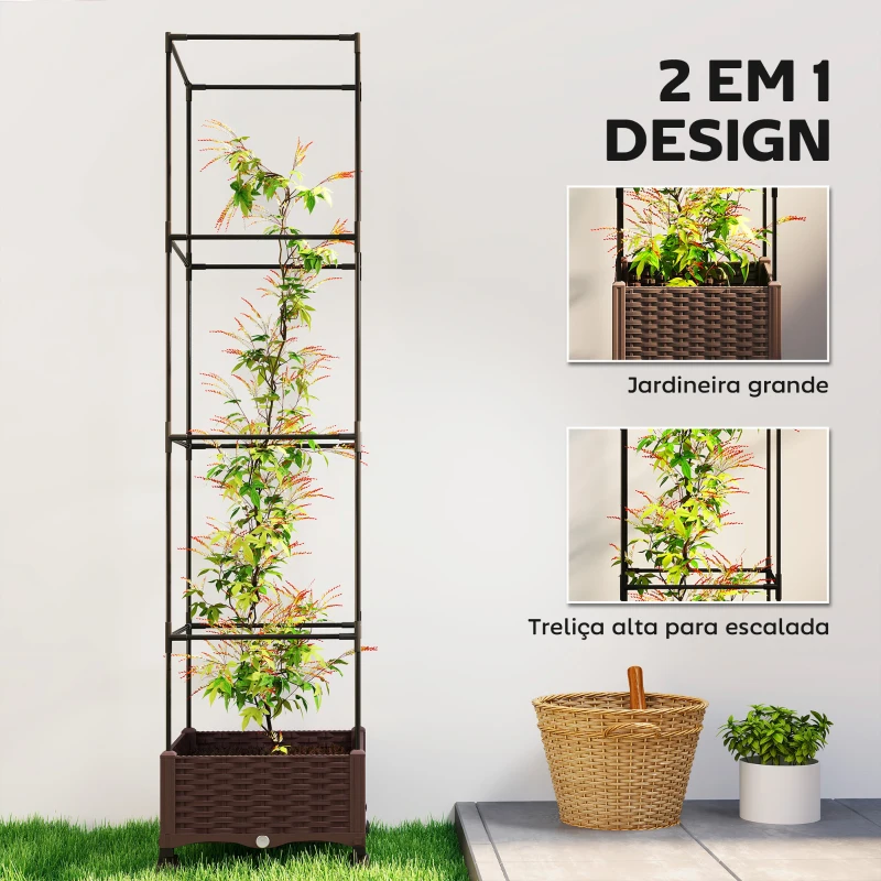 Outsunny Floreira com Treliça e Rodas com Drenagem para Cultivo de Vegetais Flores e Ervas Aromáticas 40x40x165 cm Castanho