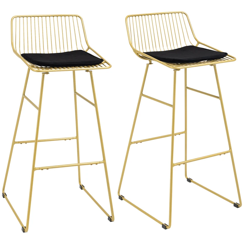 HOMCOM Lot de 2 chaises de bar design acier filaire doré avec coussin noir repose-pieds convient pour tables de 104-109 cm