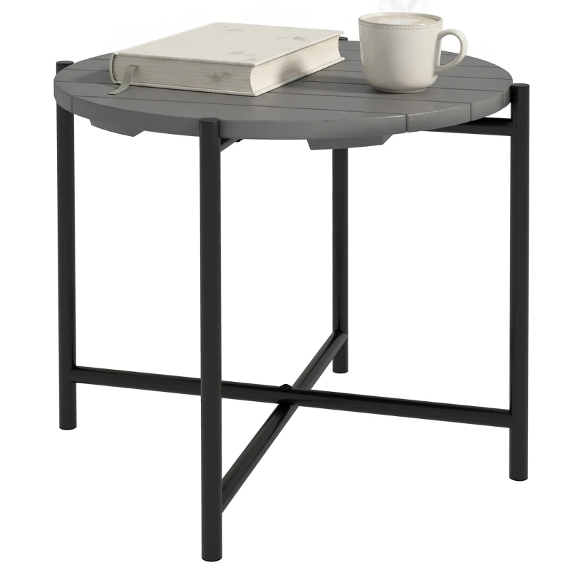 Outsunny 54 cm Round Outdoor Side Table, Industrial Small Garden Table with Slatted Wood Top and Metal Frame, Dark Grey