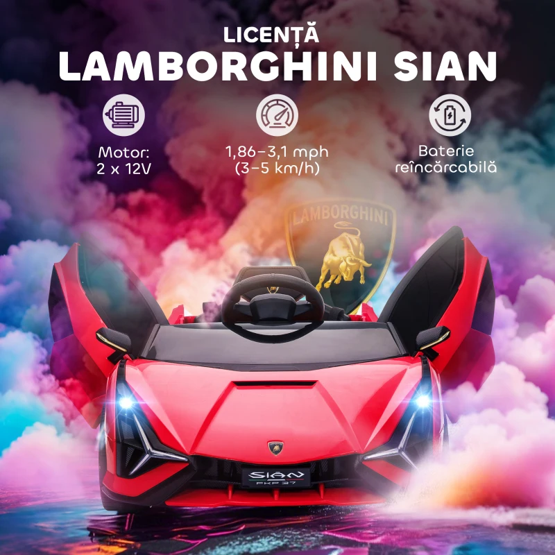 HOMCOM Masina electrica pentru copii 12V Lamborghini cu faruri si muzica, telecomanda si viteza 3-8 km/h, 108x62x40cm, Rosie