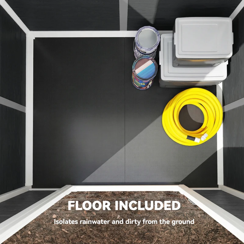 Outsunny Domek ogrodowy 1,1 m² z wyglądem drewna, okno, dwuspadowy dach, wentylacja, podłoga, zamek, rękawice, szary