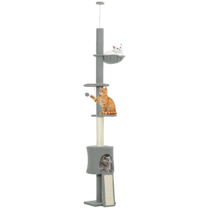 PawHut Arranhador para Gatos de Chão a Teto com Altura Ajustável de 220-240 cm Rede Plataformas em Flor Cavernas Rampa e Bola Cinza