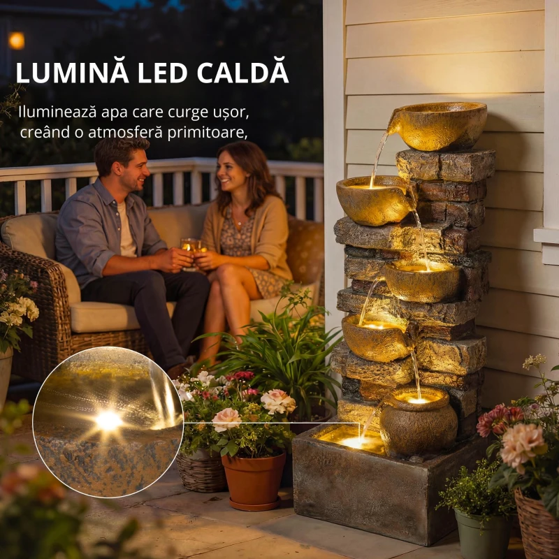 Outsunny Fântână de grădină cu iluminare LED pompă fântână decorativă în cascadă cu 5 niveluri flux reglabil maro rustic