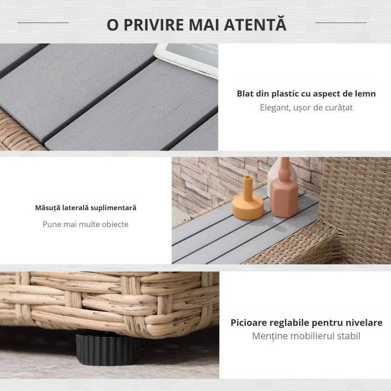 Outsunny Set Living de Gradina din Rattan, 4 Piese, Coltar pentru Exterior cu Perne, Masute Laterale si Masuta de Cafea, Maro Deschis