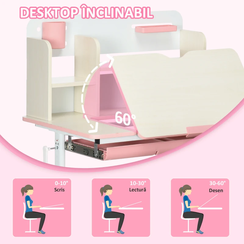 ZoneKiz Set Birou & Scaun Copii – Reglabil, Cu Raft pentru Studiu(m-5)