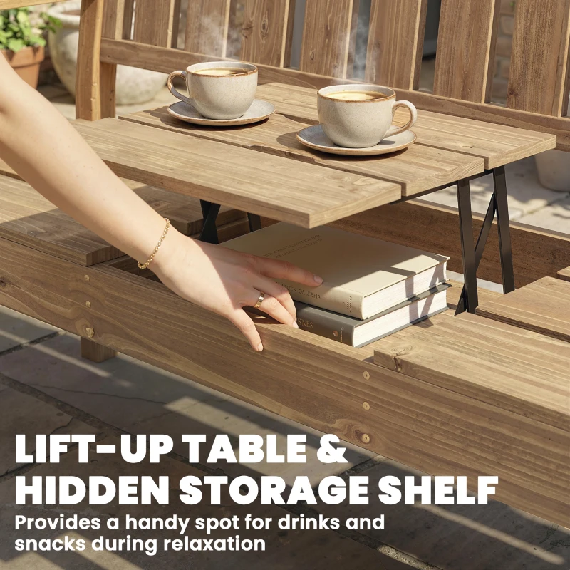 Outsunny Wooden Garden Loveseat with Liftable Table & Shelf, 2-3-Seater Outdoor Bench, Fir Wood Jack and Jill Garden Seat, Teak