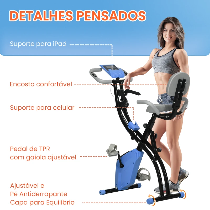 HOMCOM Bicicleta Estática Dobrável com Encosto 8 Níveis de Resistência Ecrã LCD Pulsómetro e Assento Ajustável 105x48x118 cm Azul